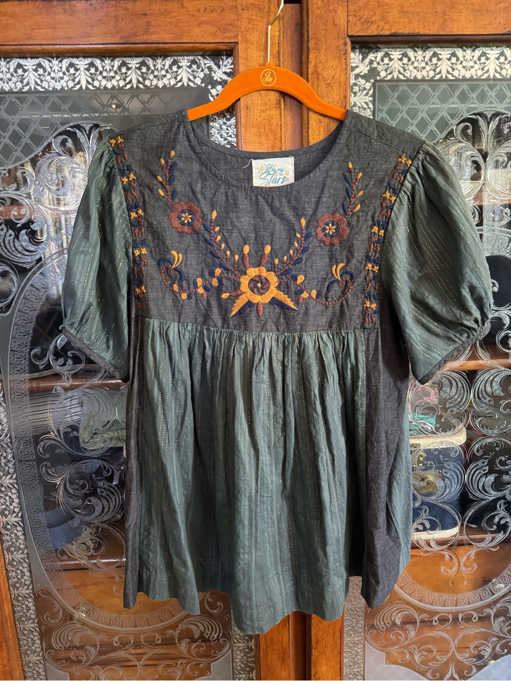 Embroidered Peasant Blouse in Olive Green by Oh My Stars